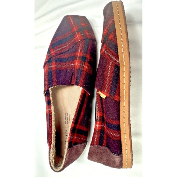 TOMS ALPARGATA LEATHER WRAP BARN RED PLAID SHEARLING LINED SHOES W10 - Picture 3 of 9